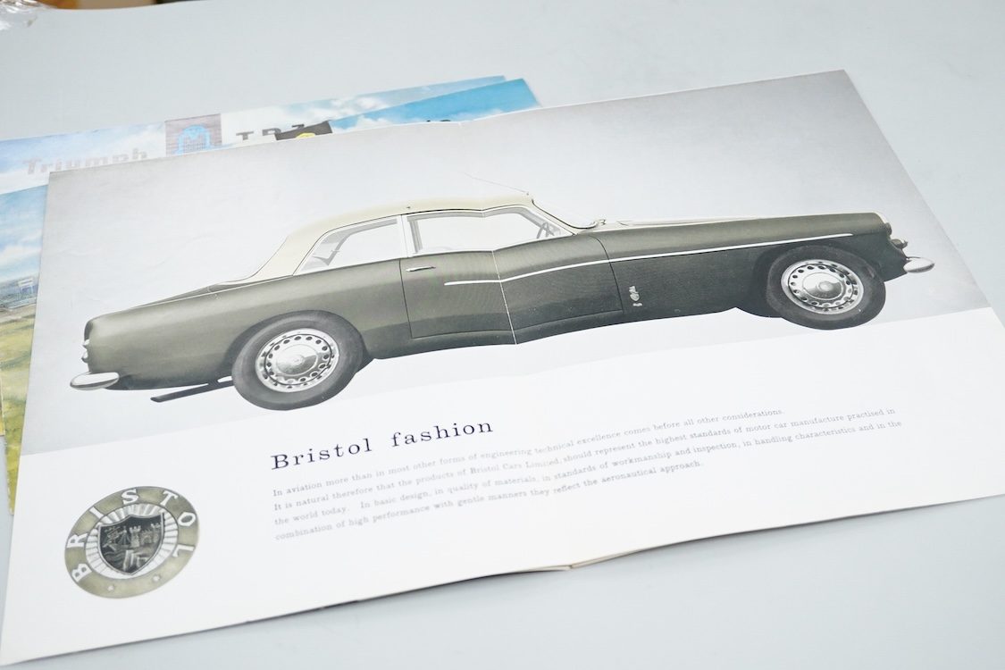 Four 1950s and 1960s motor car manufacturer’s brochures; the Bristol, the Austin Healey Sprite Mk.II (produced 1961-64), and two Triumph T.R.3 Sports (produced 1955-1962)